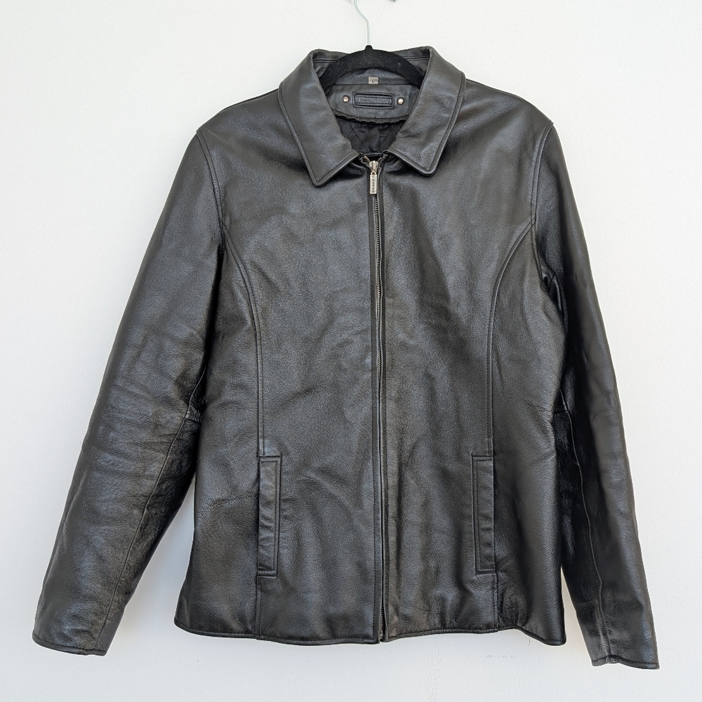 Vintage Leather Man Quilt Lined Full Zip Collared Black Leather Jacket Sz L